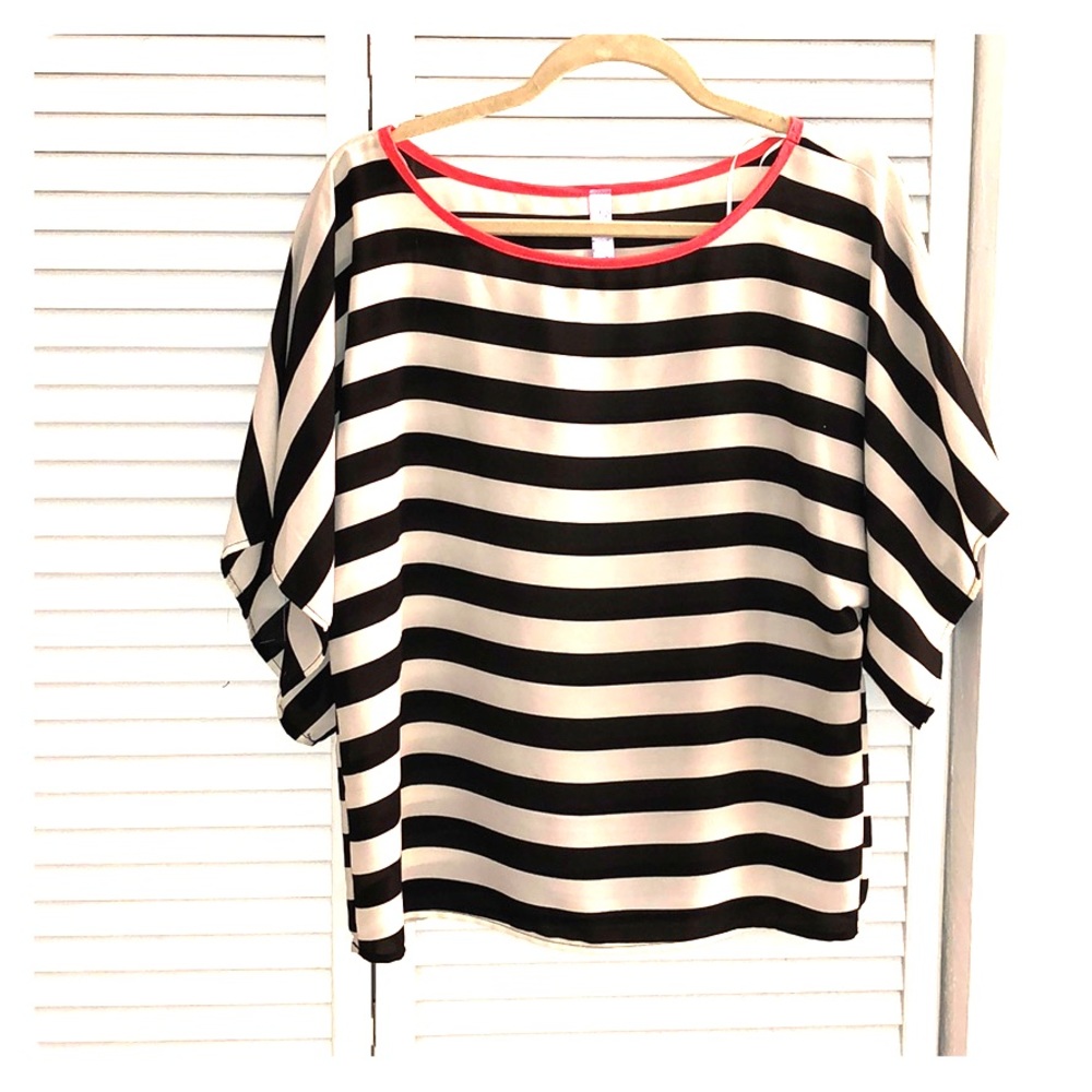 Black and white striped blouse with red trim